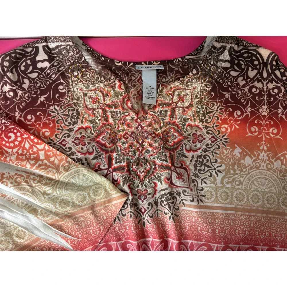 CATHERINES Orange Paisley Embellished V-Neck Tunic Top 2X Boho-Chic Art-to-Wear